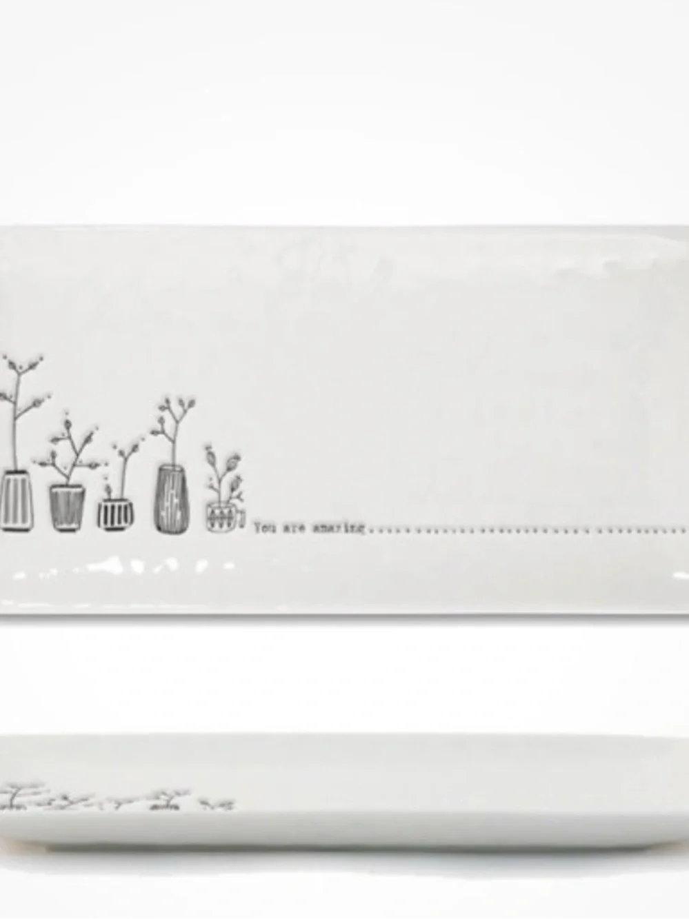 White Ceramic Decorative Tray with Botanical Sketch Design